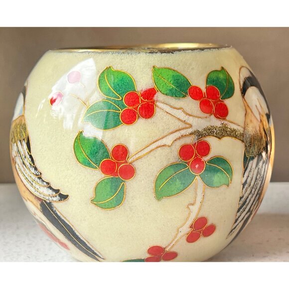 William Bill Yee Cloisonné Plique-a-Jour Bird & Berries Vase Candle Holder 4x3 - Picture 5 of 9